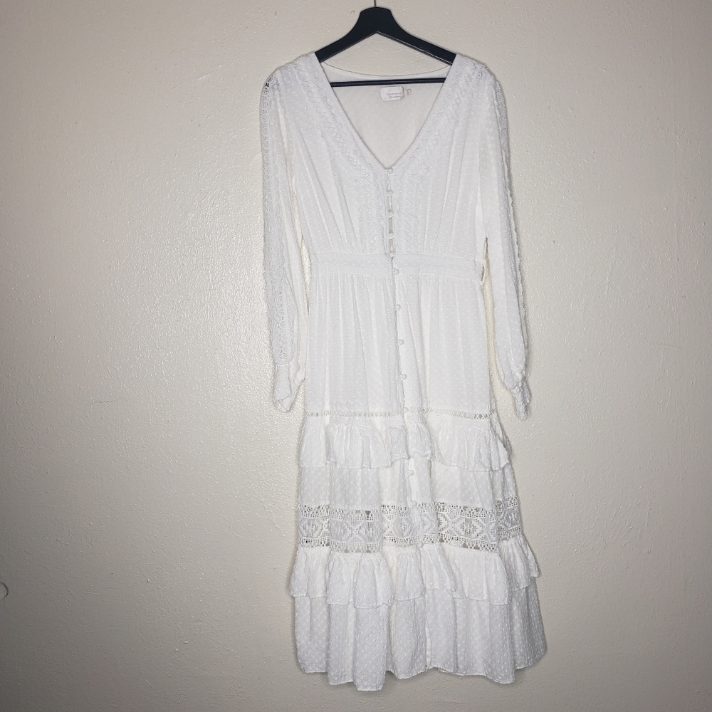 Champagne & Strawberry White Button Front Long Sleeve Prairie Maxi Dress